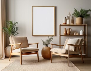 Lounge room interior with chairs and decoration, shelf and mockup frame