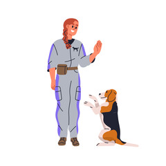 Dog standing on hind legs during training. Canine animal handler, trainer giving command to obedient puppy. Cute beagle education, handling. Flat vector illustration isolated on white background