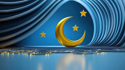 Golden crescent moon and stars on a blue background