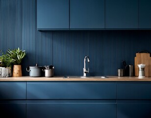 Dark blue kitchen with mock up wall