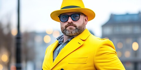 man wearing bright yellow pea coat and wide-brimmed hat