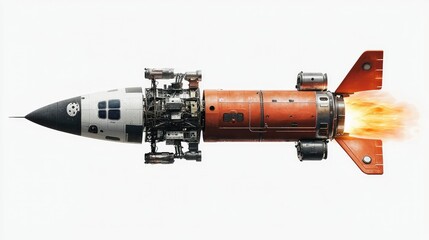 Retro Rocket Launching into Space - Detailed 3D Render