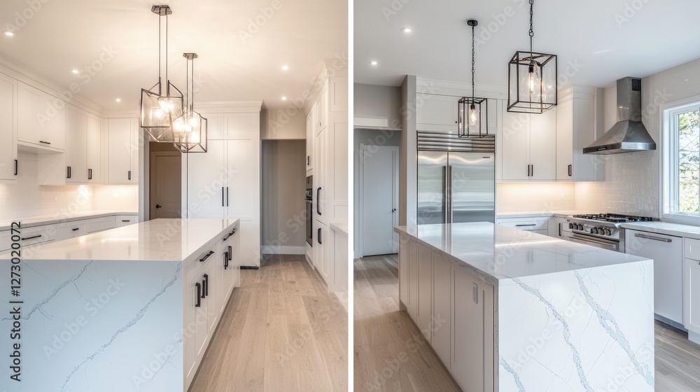 Poster a before-and-after slider showcasing the pencil design sketch of a kitchen, followed by the complete
