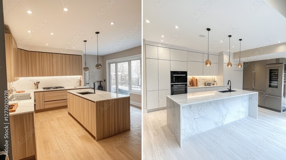 Poster a before-and-after slider showcasing the pencil design sketch of a kitchen, followed by the complete
