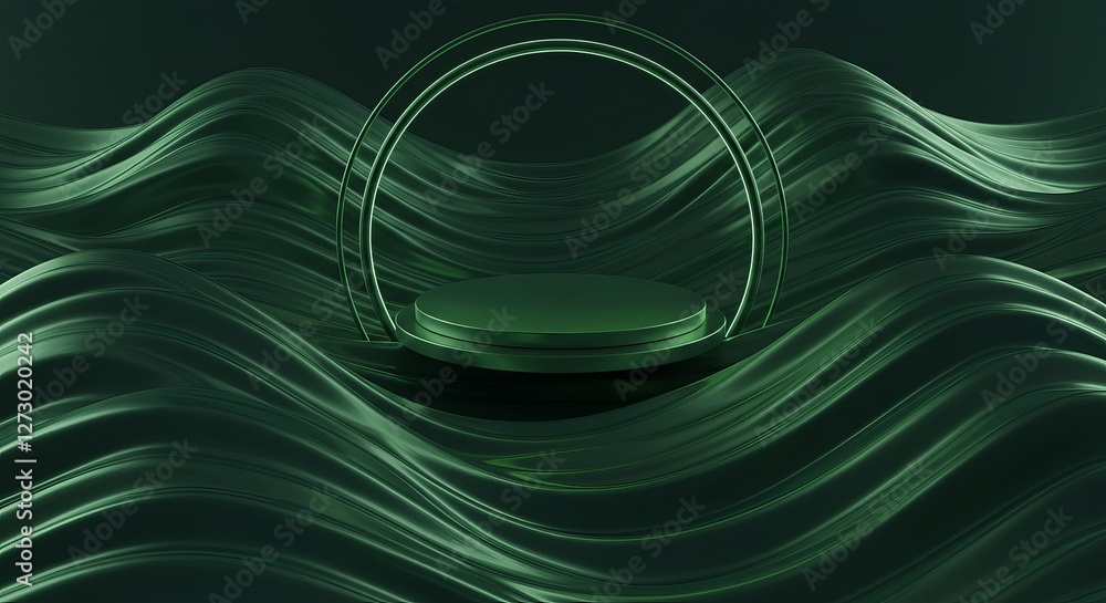Poster abstract green wave background with circular platform and futuristic design elements