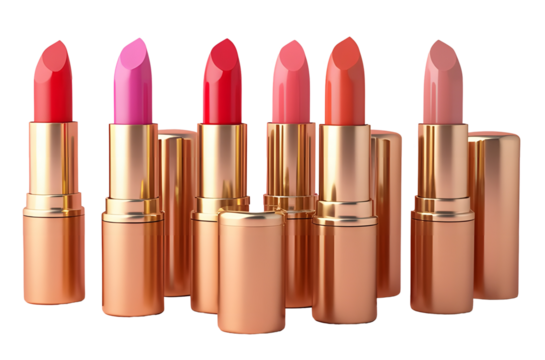 3d color lipstick for lip makeup palette or catalog isolated render icon set. Realistic mockup of red, pink, nude cosmetic make up beauty product, gold and silver tube with open cap. 3D illustration 

