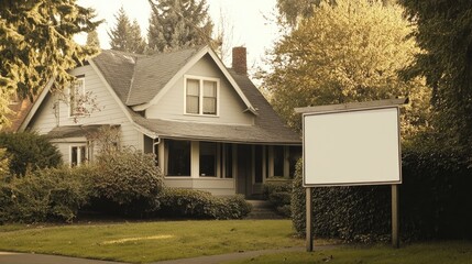 A blank real estate sign outside a house, perfect for personalizing with your for-sale or for-rent message in front of an appealing home.