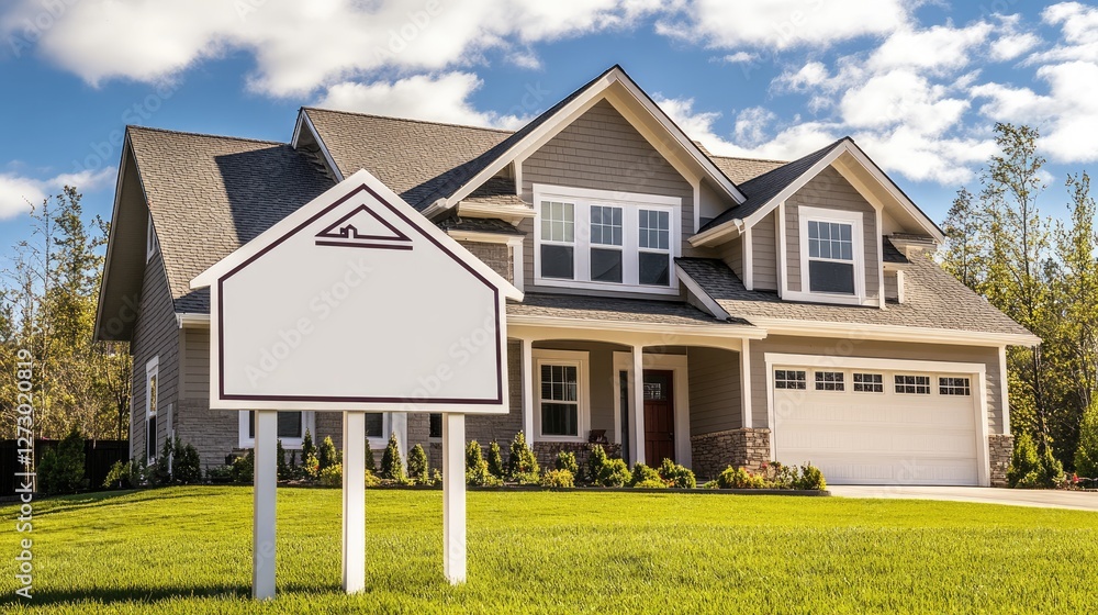 Poster a blank real estate sign positioned in front of a charming house, ready to display your message for 