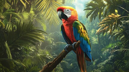 Vibrant Macaw in Lush Tropical Forest Surrounded by Exotic Greenery and Sunlight Filtering Through Dense Canopy of Rainforest
