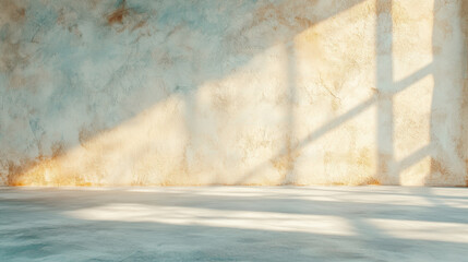 Fototapeta premium Minimalist sunlit room interior with textured walls and shadows on the floor in a serene empty space
