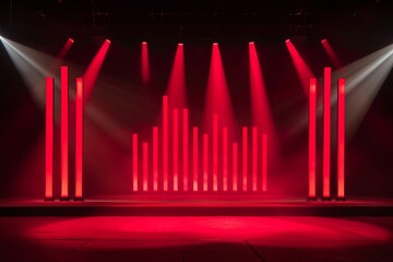 Dramatic red lighting setup with abstract light bars, creating a dynamic and energetic atmosphere for concerts, performances, and stage shows in a dark environment with intense illumination.