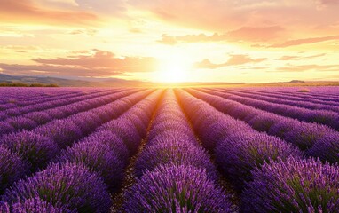 Obraz premium A vast lavender field stretching to the horizon under a golden sunset