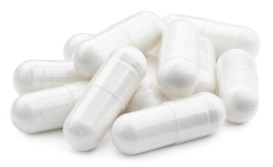 White pill capsule isolated on a white background.