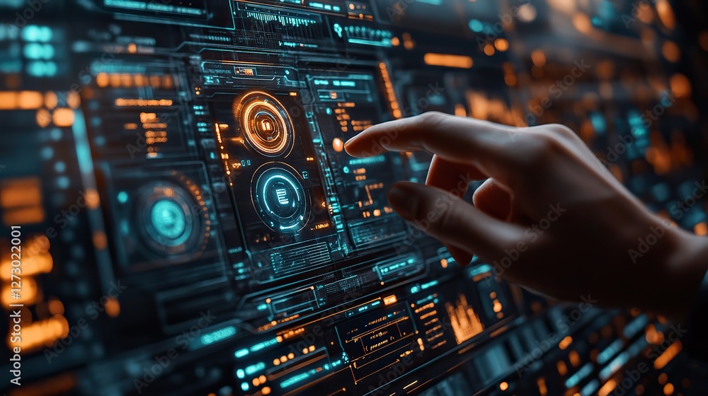 Aufkleber person using virtual display to select fintech icon in a futuristic financial technology interface h