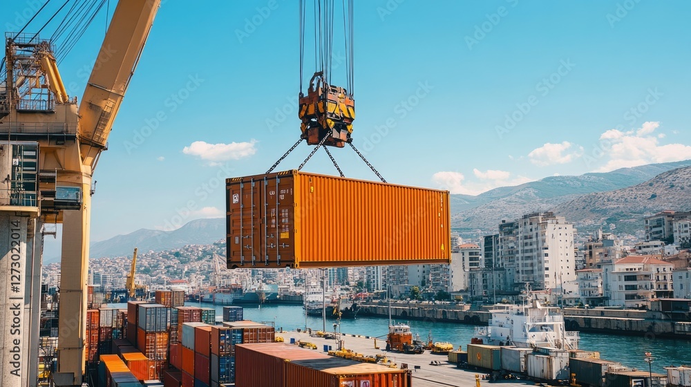 Poster a cargo container being lifted by a large crane at vlore seaport, with the port's infrastructure and