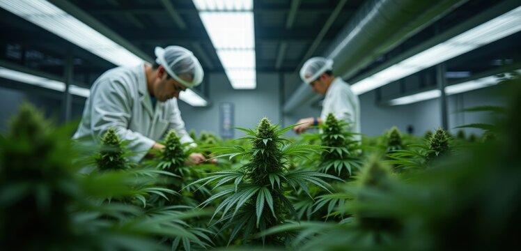Two professionals tending to cannabis plants in a well-lit indoor grow facility, showcasing modern agricultural practices in the cannabis industry.