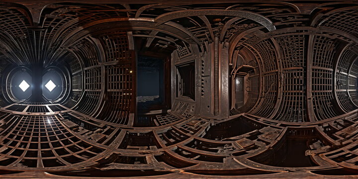 Full 360 degrees seamless spherical panorama HDRI equirectangular projection of a futuristic industrial tunels interior. Texture environment map for lighting and reflection source rendering 3d scenes.
