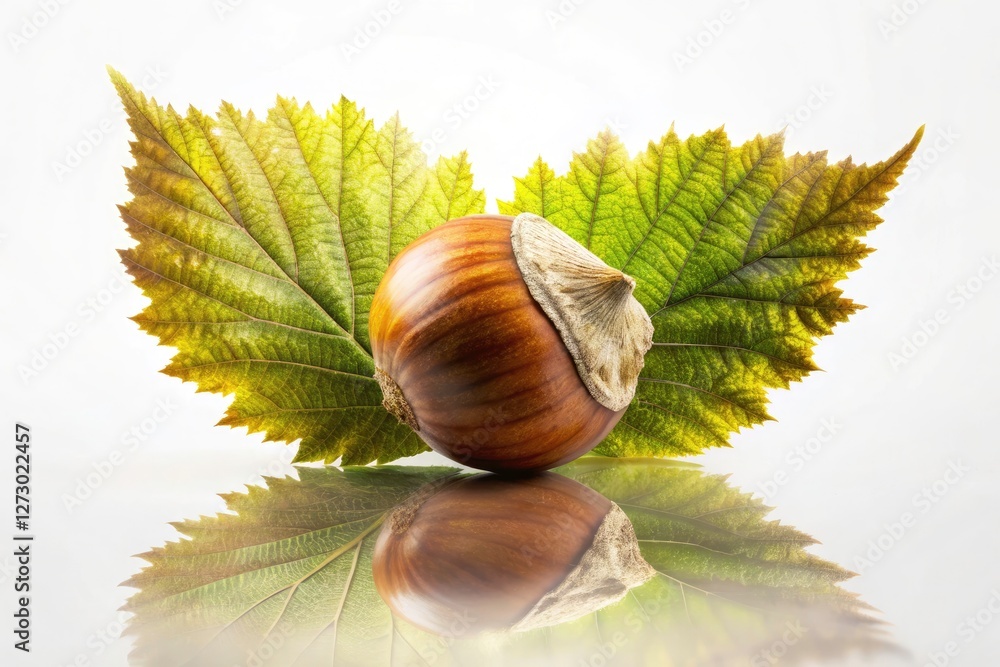 Poster white background showcases a double exposure hazelnut macro photograph highlighting its intricate te