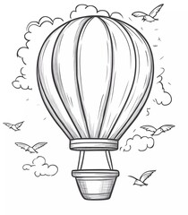 Black and white coloring page for kids, featuring a cute hot air balloon in a cartoon style, with birds flying around it