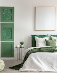 White and green bedroom with mock up wall
