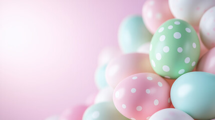 Delicate pastel polka dot Easter eggs in soft pink dreamy festive background