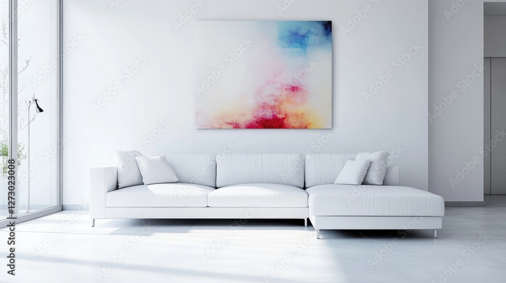 Poster a clean and minimalist living room with a white sofa and bold abstract artwork, combining elegance a