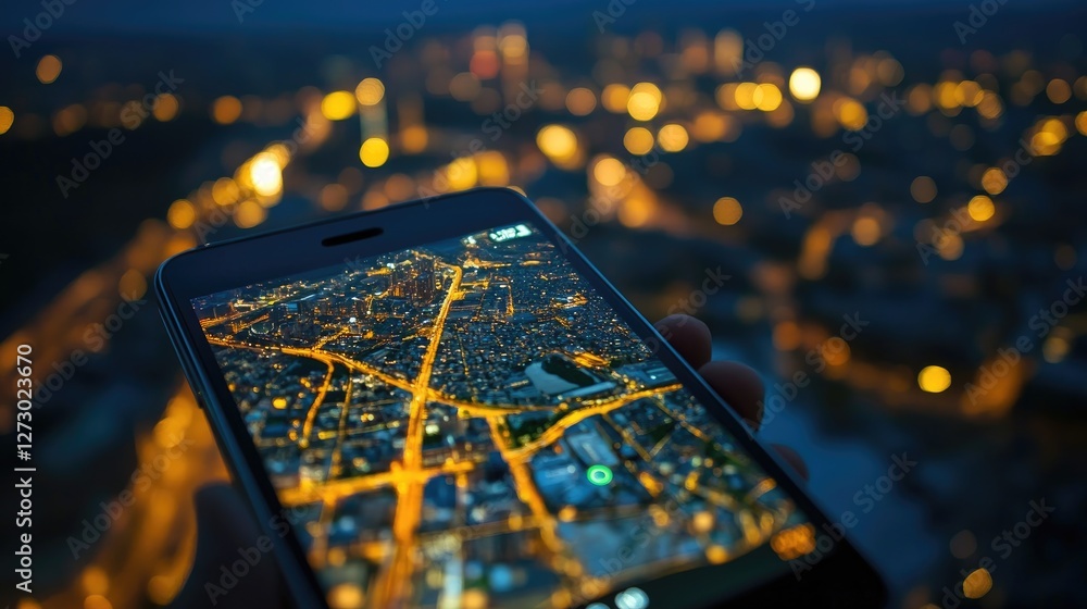 Poster a close-up of a smartphone screen showing a gps position on a city map at night, with city lights an