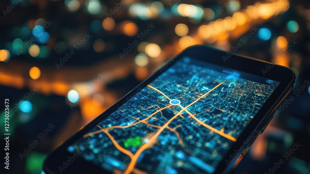 Poster a close-up of a smartphone screen showing a gps position on a city map at night, with city lights an