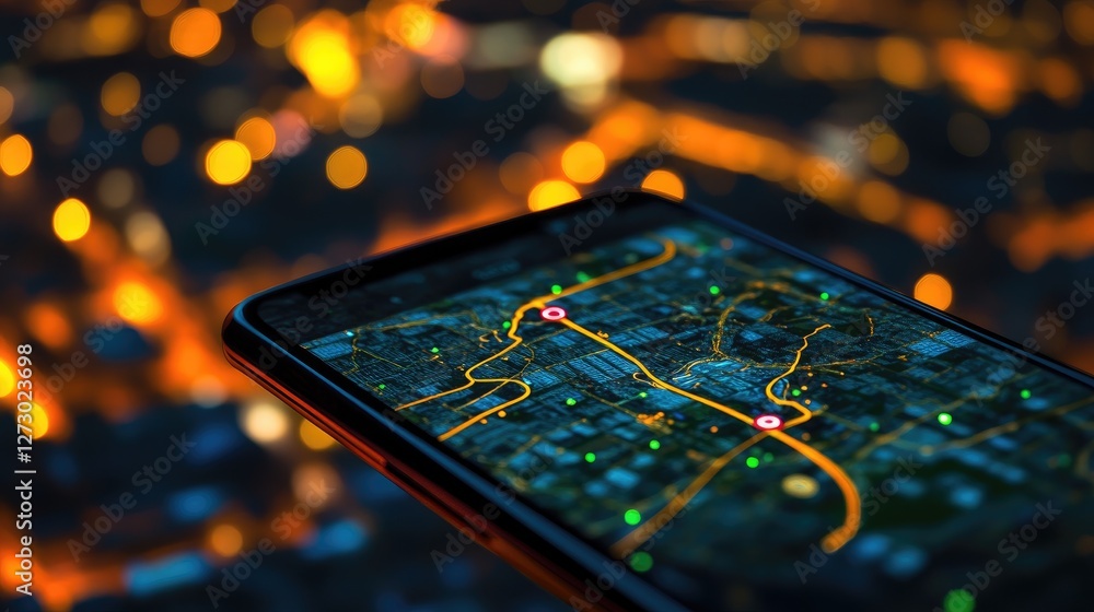 Poster A close-up of a smartphone showing a GPS map of a city at night, with the illuminated city streets visible in the background, emphasizing modern navigation technology.