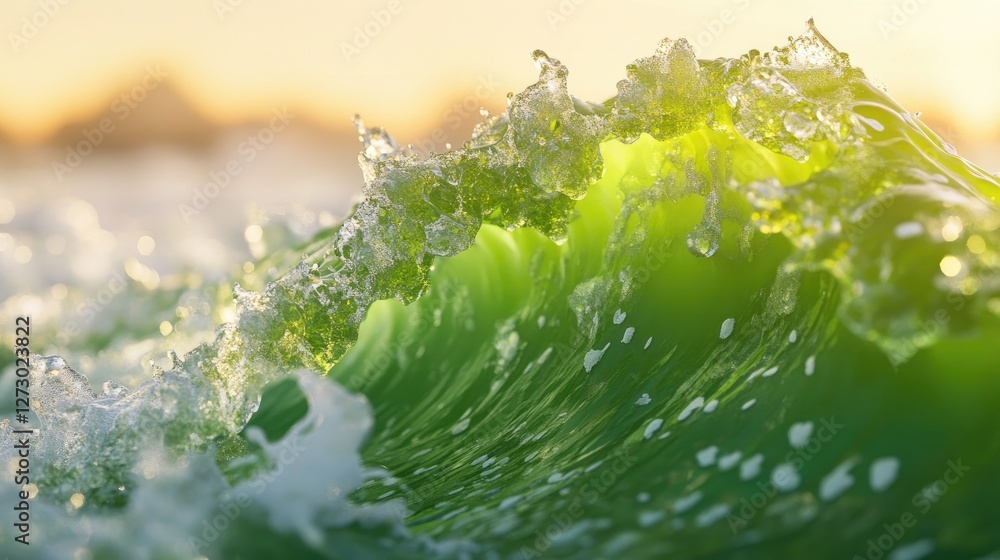 Poster a close-up of a vibrant green wave with water droplets, beautifully highlighted against a soft bokeh