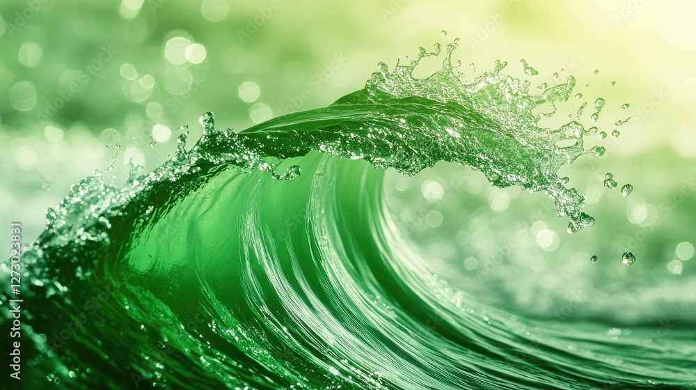 Poster a close-up of a vibrant green wave with water droplets, beautifully highlighted against a soft bokeh