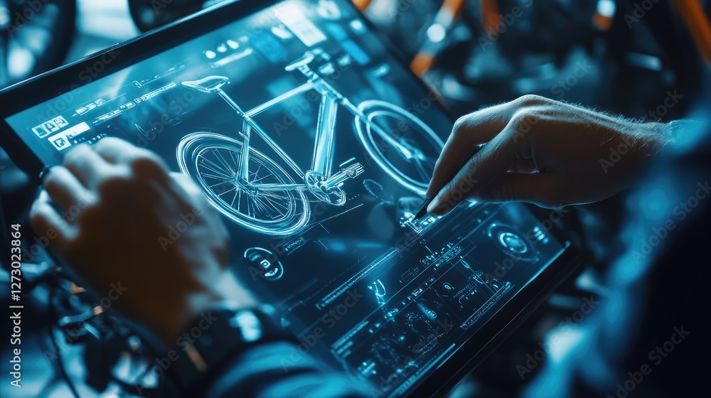 Aufkleber A close-up of an engineer designing an innovative bicycle on a touchscreen interface, representing the integration of advanced technology in product engineering.