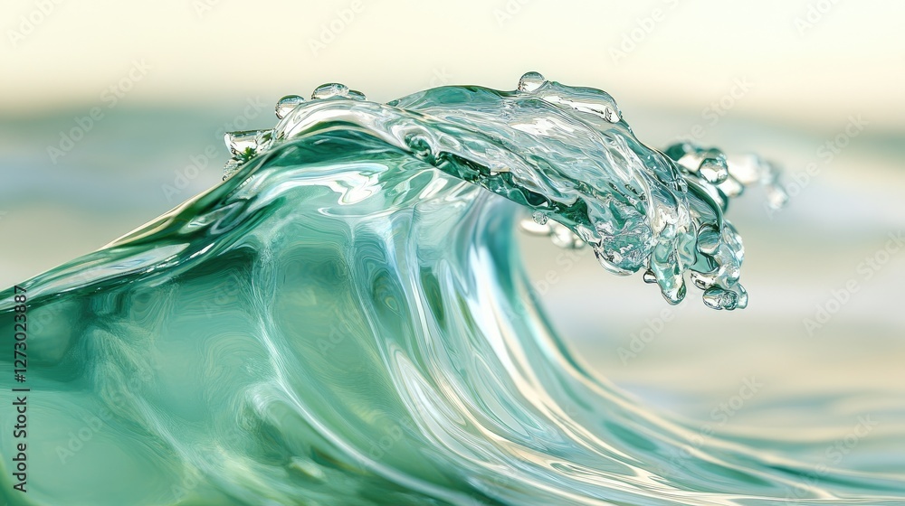 Poster a close-up of a vibrant green wave with water droplets, beautifully highlighted against a soft bokeh