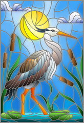 Illustration in stained glass style with brown  heron ,  reeds on a pond in the sun, sky and clouds and sun 