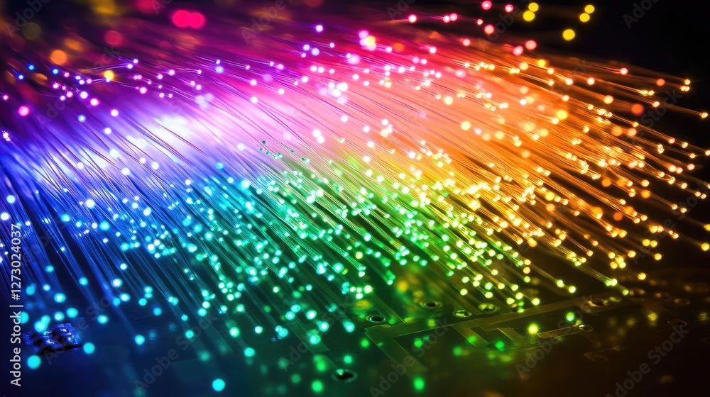 Poster a close-up of fiber optic strands on a circuit board, transmitting data with vibrant lights, represe