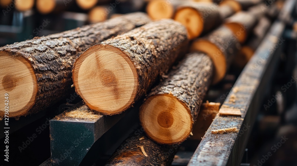 Poster a close-up of logs being transported on a conveyor belt in a lumber processing plant, highlighting t