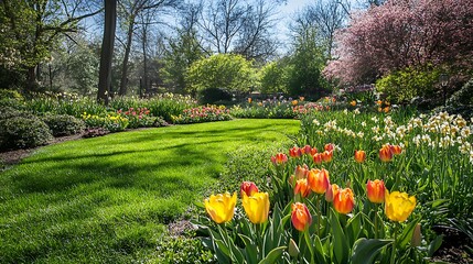 beautiful tulips and daffodils in nature image