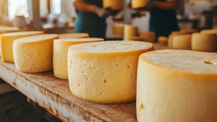 Cheese production process at a local dairy in a sunny, rustic facility during afternoon hours