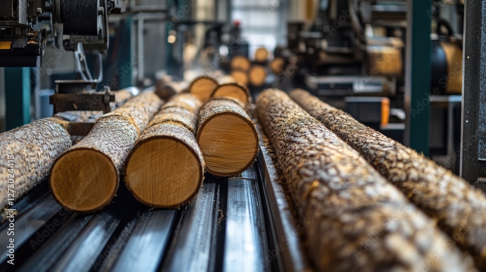 Aufkleber a close-up of logs being transported on a conveyor belt in a lumber processing plant, highlighting t