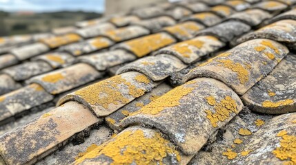A close-up of yellow lichen on aged roof tiles, set against the serene backdrop of the French countryside, highlighting the harmonious blend of nature and history.