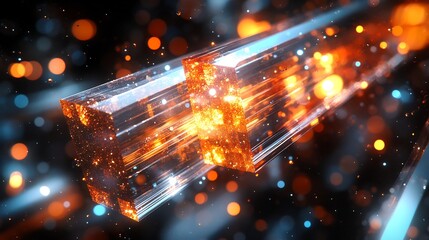Fototapeta premium Vibrant orange and blue energy pulses brilliantly within a glowing glass cube. AI Generated