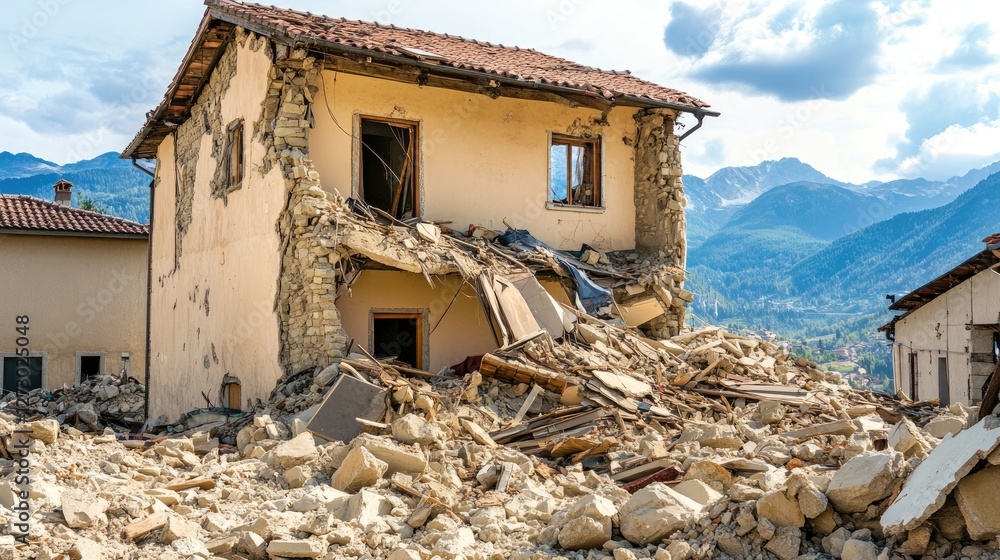Poster a collapsed building in the aftermath of a powerful earthquake in a mountain village, with broken wi