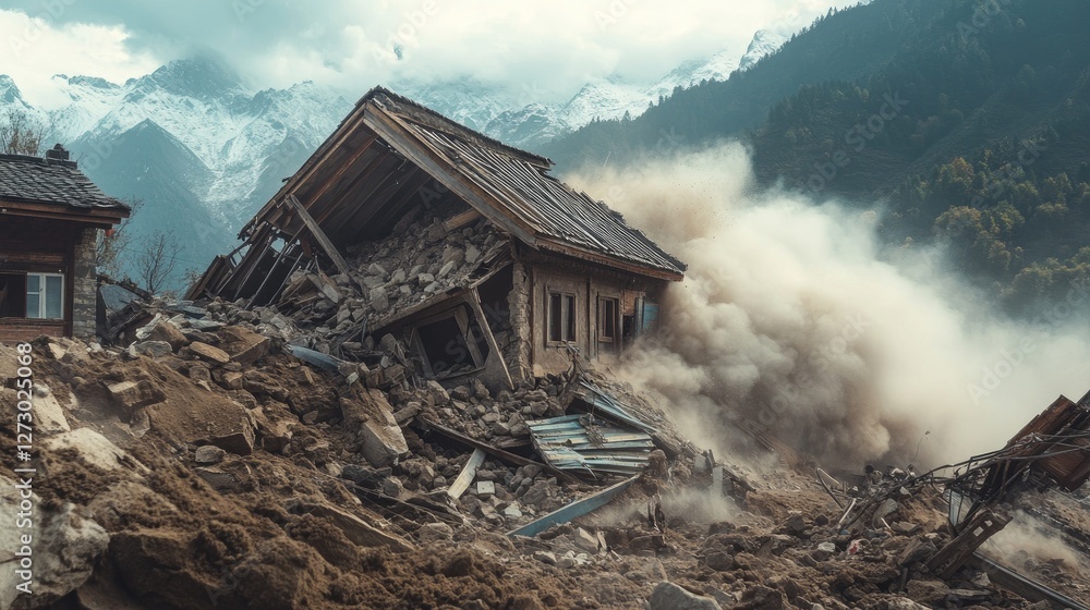 Aufkleber a collapsed house covered in rubble and debris after a devastating earthquake in a remote mountain v