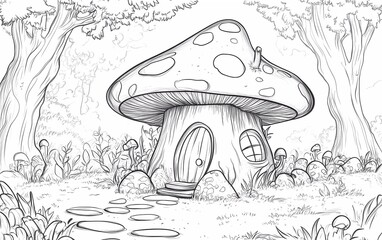 Coloring page for kids, a very cute mushroom house with a fantasy background, in a cartoon style with thick lines