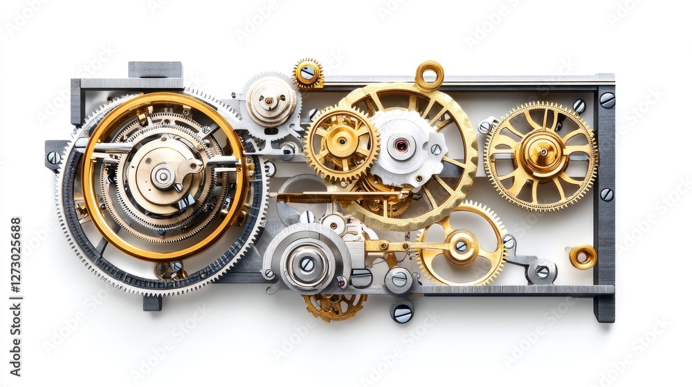 Poster a complex clockwork mechanism in motion, with gears turning effortlessly, illustrating the beauty an