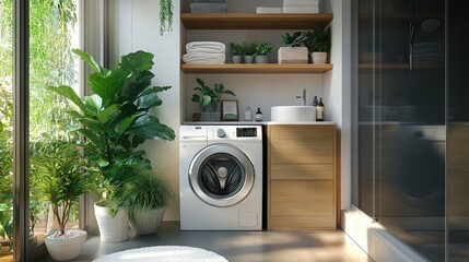 A contemporary bathroom with a washing machine, organized shelving, and potted houseplants, designed for comfort and practicality