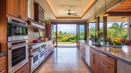 A contemporary kitchen featuring warm wooden cabinetry and expansive windows framing a beautiful view of lush greenery just outside.