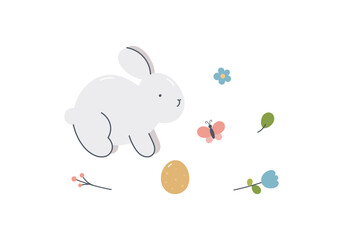 Easter spring print with cute bunny, flowers, eggs, butterfly. For fabric, wrapping, cards, textile, wallpaper, apparel. Isolated vector illustration in flat cartoon style on white background.