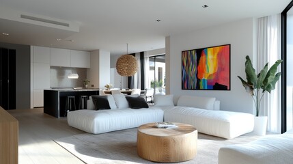 Fototapeta premium A contemporary minimalist living room featuring a white sofa and colorful abstract art, creating a balance of simplicity and sophistication.