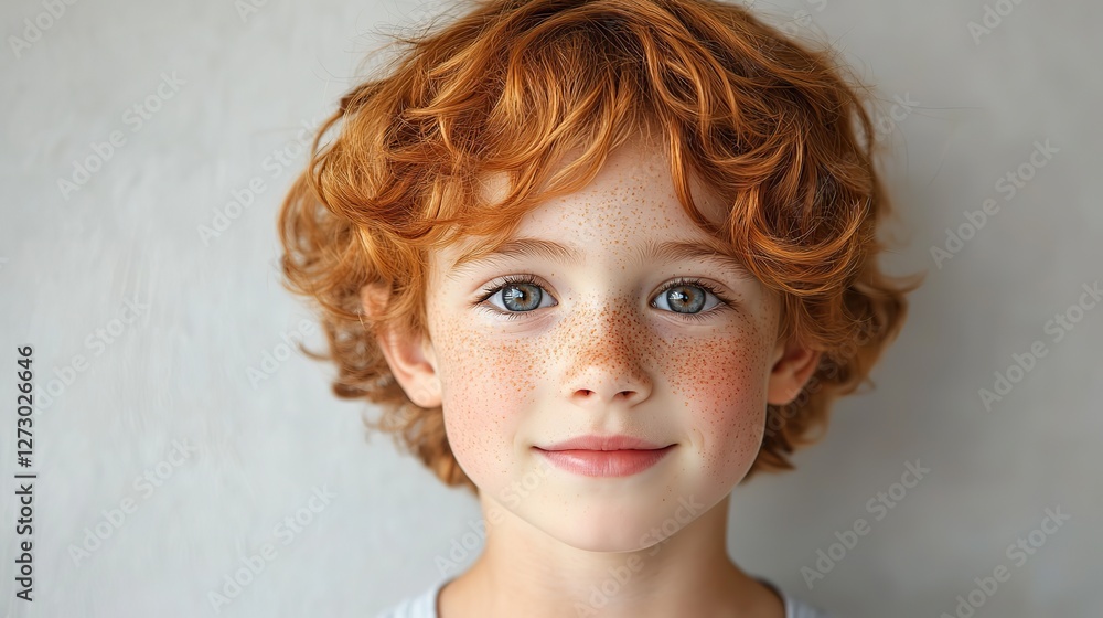 Poster portrait of a smiling ginger haired boy with freckles isolated on transparent background ideal for c
